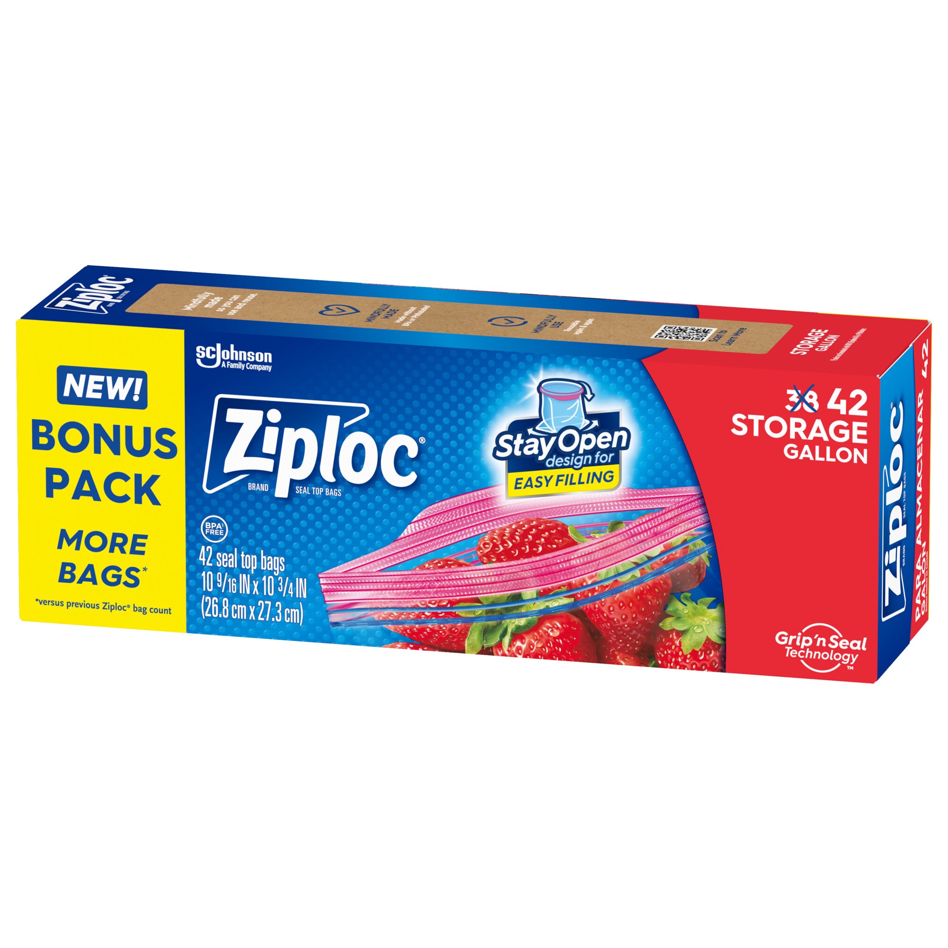 slide 4 of 4, Ziploc Brand Storage Bags with Stay Open Design, Gallon, 42 Count, Patented Stand-up Bottom, Easy to Fill Food Storage Bags, Unloc a Free Set of Hands in the Kitchen, Microwave Safe, BPA Free, 42 ct