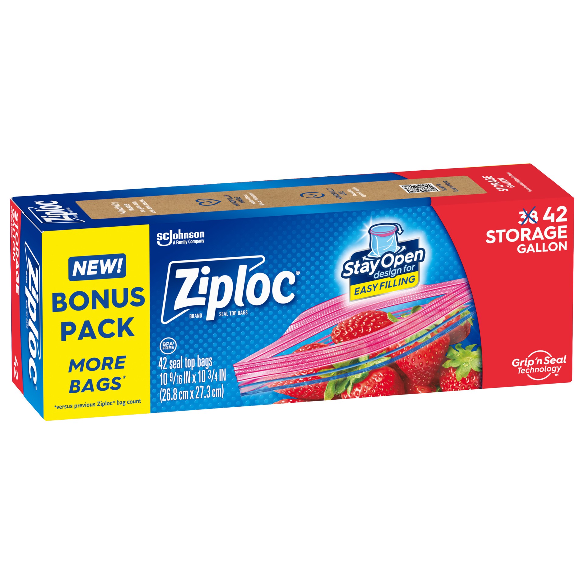 slide 3 of 4, Ziploc Brand Storage Bags with Stay Open Design, Gallon, 42 Count, Patented Stand-up Bottom, Easy to Fill Food Storage Bags, Unloc a Free Set of Hands in the Kitchen, Microwave Safe, BPA Free, 42 ct