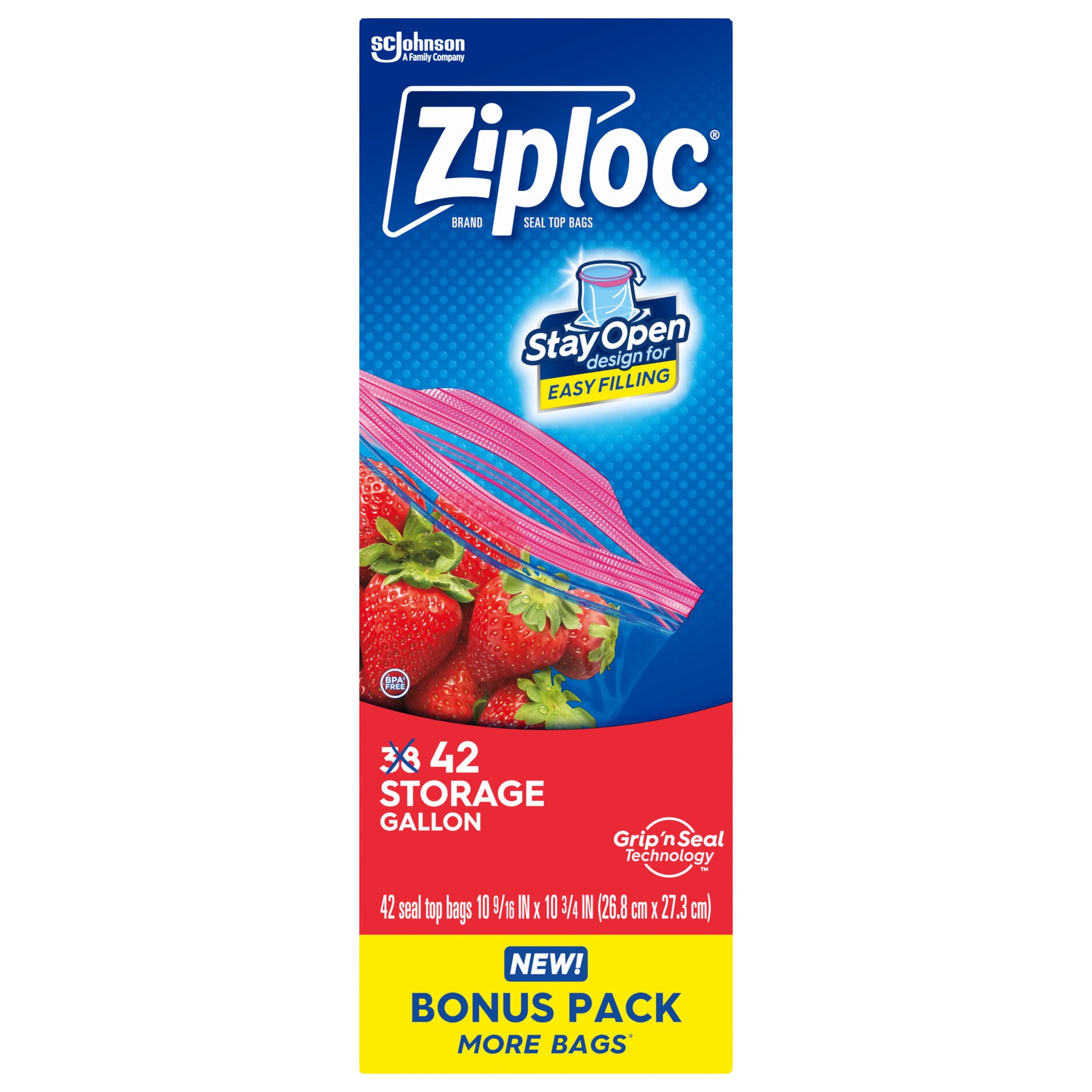 slide 2 of 4, Ziploc Brand Storage Bags with Stay Open Design, Gallon, 42 Count, Patented Stand-up Bottom, Easy to Fill Food Storage Bags, Unloc a Free Set of Hands in the Kitchen, Microwave Safe, BPA Free, 42 ct