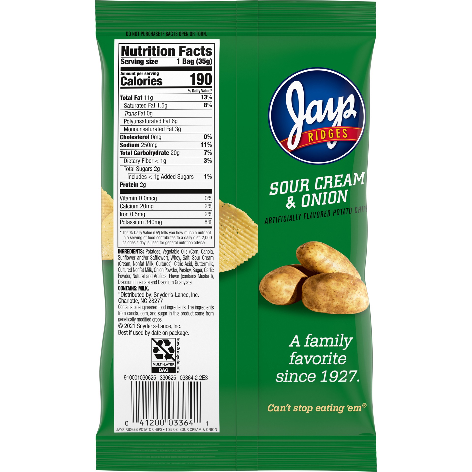slide 4 of 6, Jays Potato Chips, Ridges Sour Cream and Onion, 1.25 Oz Snack Bag, 1.25 oz