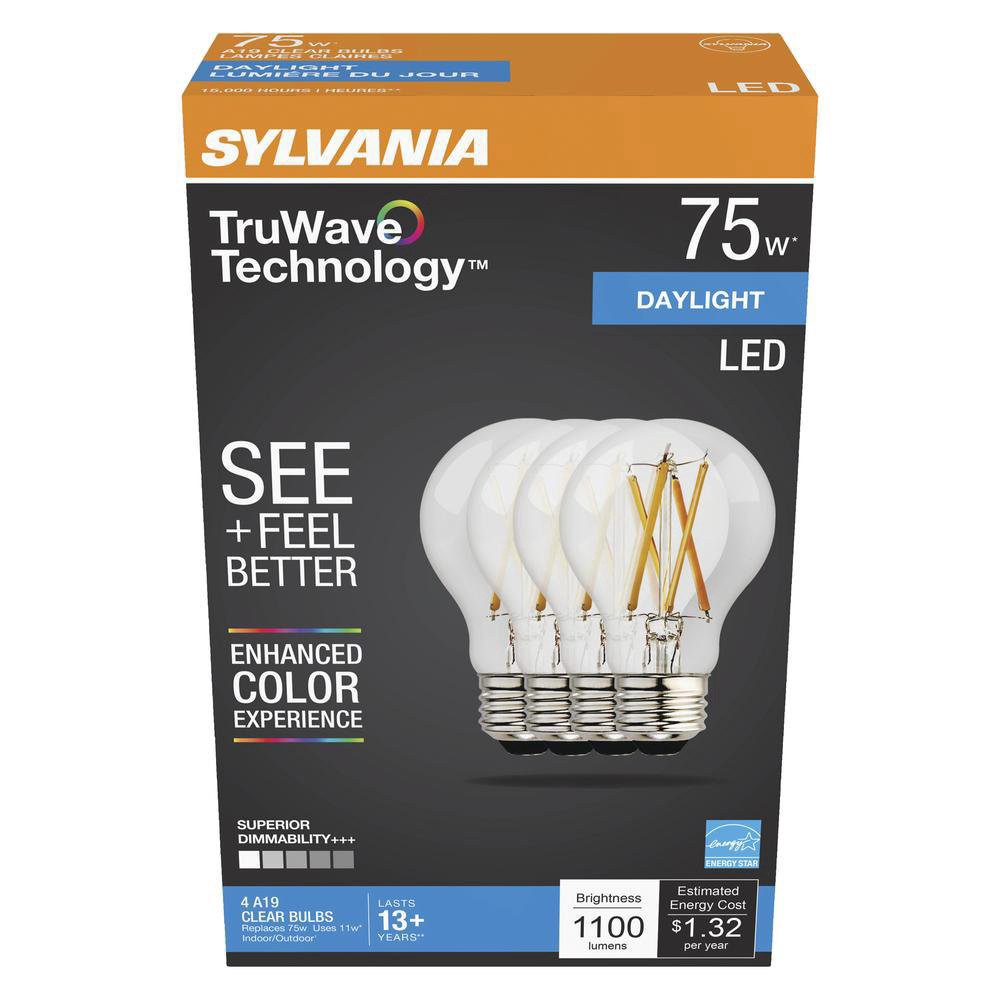 slide 1 of 1, Sylvania TruWave A19 75-Watt Clear LED Light Bulbs - Daylight, 4 ct