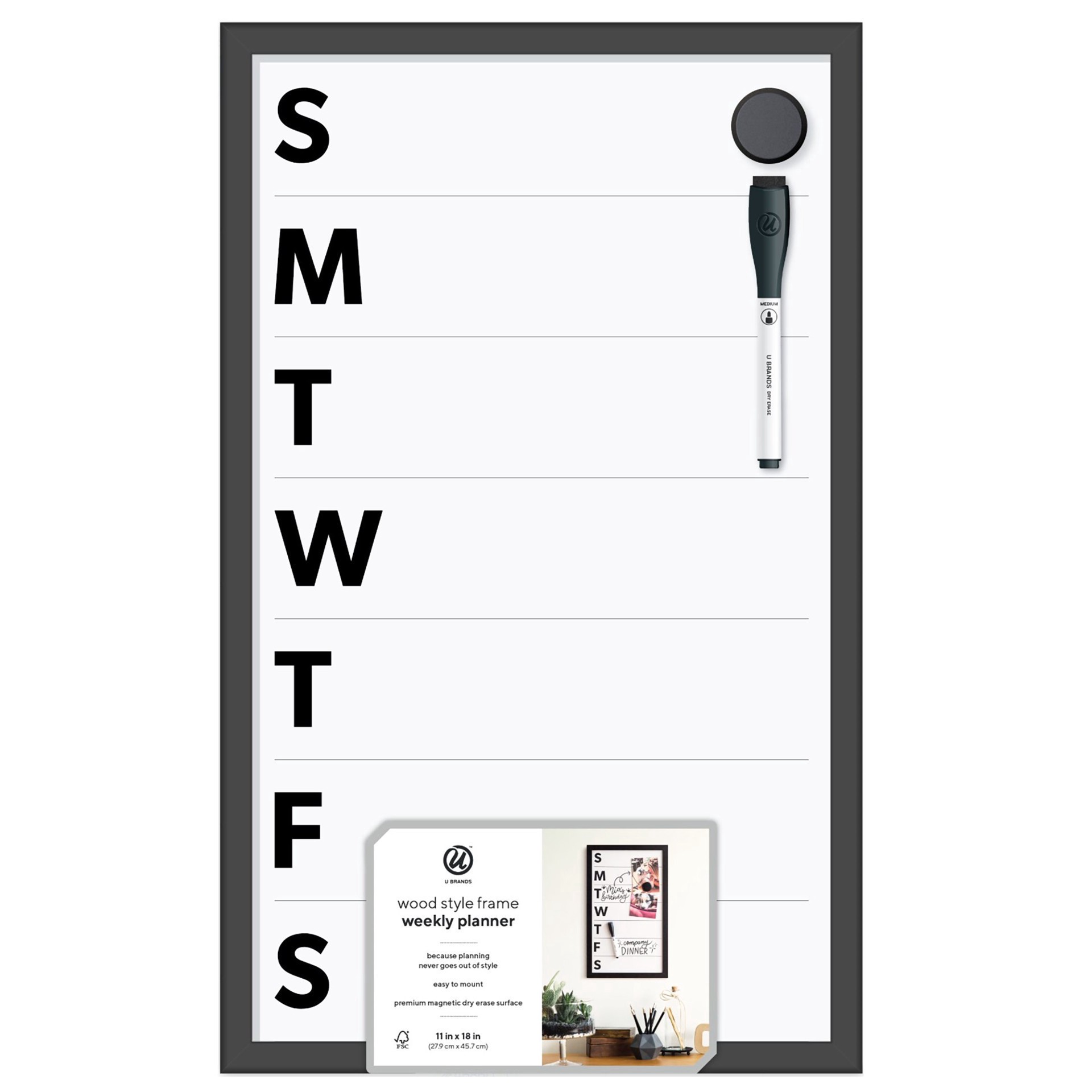 slide 1 of 1, U Brands Wood Style Frame Weekly Planner Dry Erase Board, 11 in x 18 in
