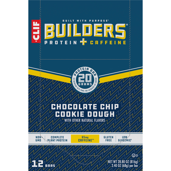 slide 1 of 1, CLIF Builders + Caffeine - Chocolate Chip Cookie Dough Flavor - Protein Bars - Gluten-Free - Non-GMO - Low Glycemic - 20g Protein - 2.4 oz. (12 Count), 12 ct; 28.8 oz