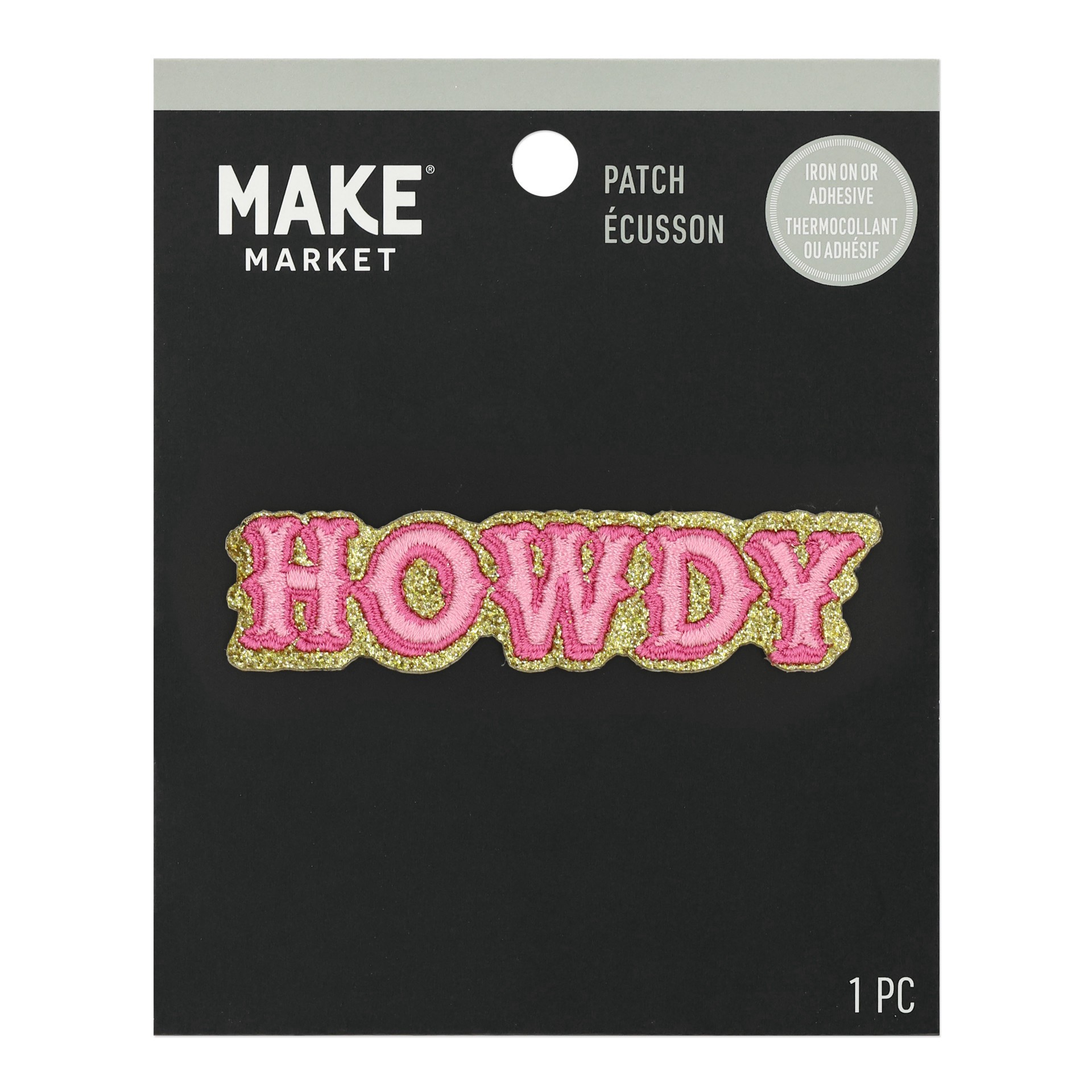slide 3 of 3, Embroidered Glitter Howdy Iron On & Adhesive Patch By Make Market, 3.3 in x 0.8 in