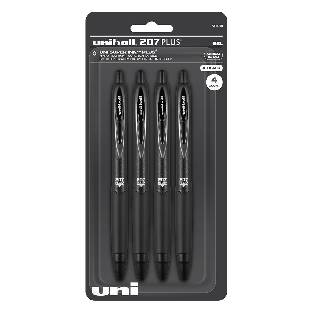 slide 1 of 7, Uni-Ball 207 Plus+ Retractable Gel Pens, Medium Point, 0.7 Mm, Black Barrel, Black Ink, Pack Of 4 Pens, 4 ct