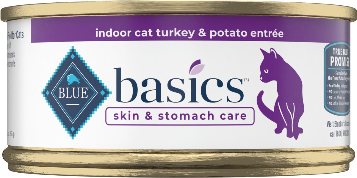 slide 1 of 9, Blue Buffalo Basics Skin & Stomach Care, Grain Free Natural Adult Pate Wet Cat Food, Indoor Turkey 5.5-oz Can, 5.5 oz