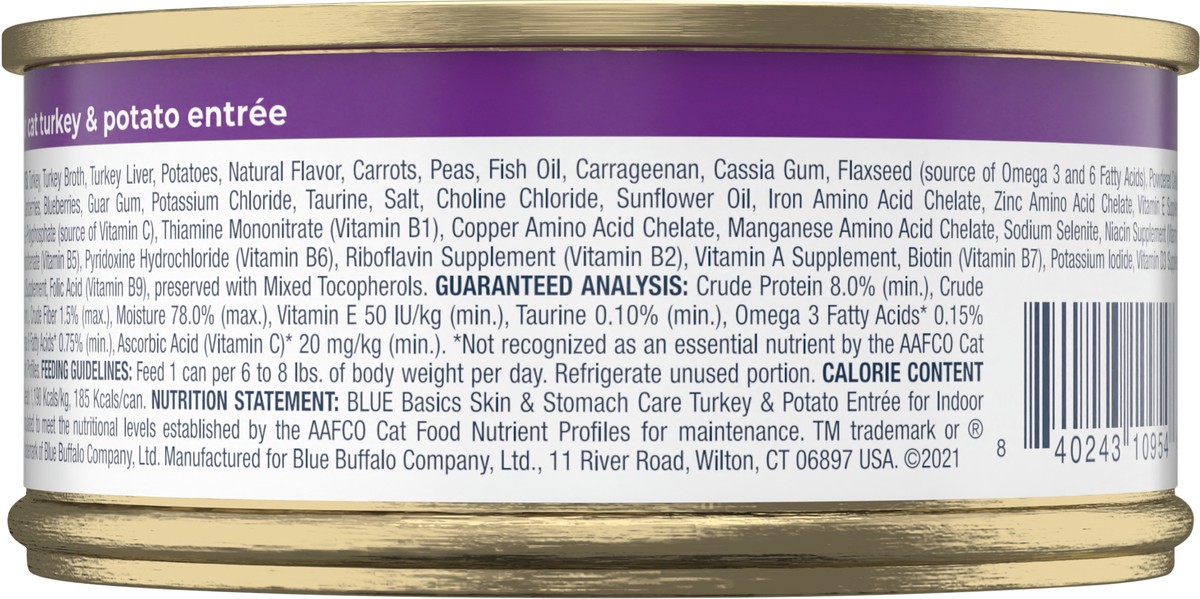 slide 5 of 9, Blue Buffalo Basics Skin & Stomach Care, Grain Free Natural Adult Pate Wet Cat Food, Indoor Turkey 5.5-oz Can, 5.5 oz