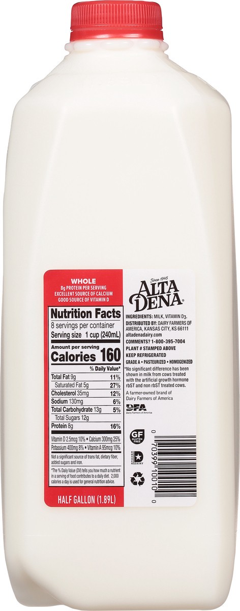 slide 9 of 9, Alta Dena Vitamin D Milk, Whole Milk Half Gallon - 1 Jug, 1/2 gal