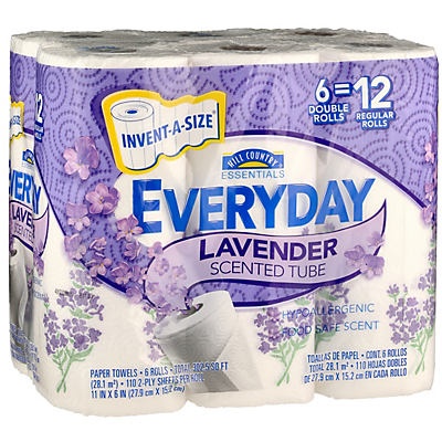 slide 1 of 1, Hill Country Fare Everyday Invent-A-Size Lavender Scented Tube Double Roll Paper Towels, 6 ct