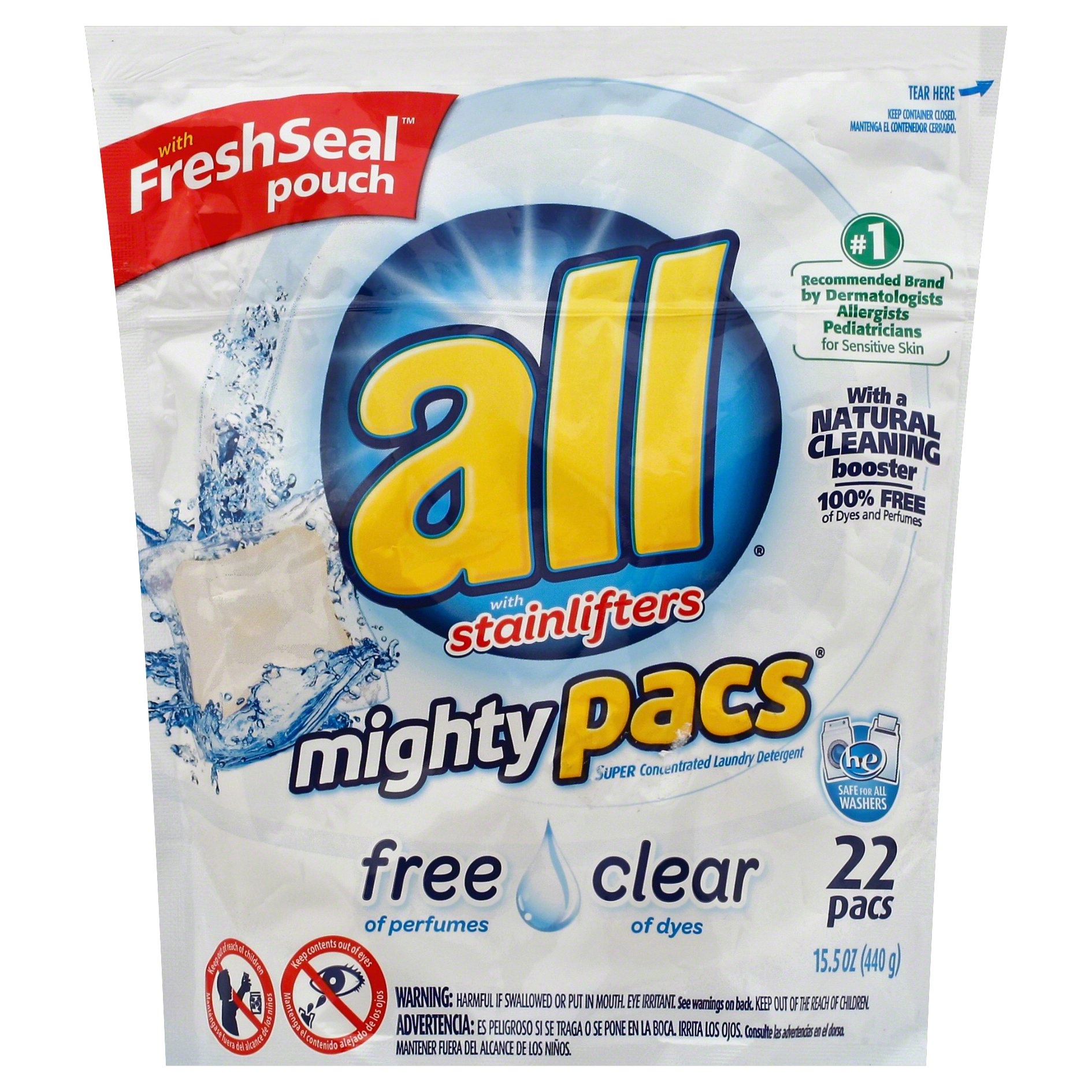 slide 1 of 2, All Mighty Pacs Free Clear Super Concentrated Laundry Detergent, 15.2 oz