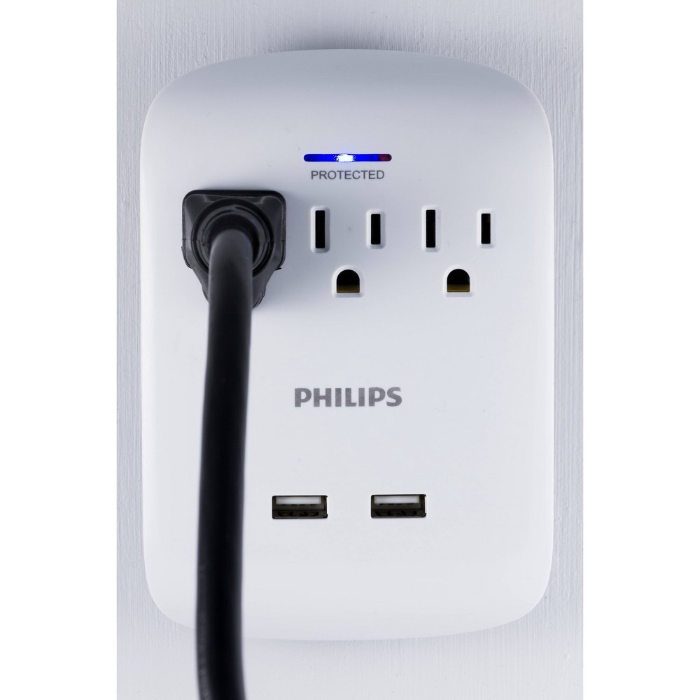 slide 5 of 5, Philips 3-Outlet 2 USB Port Surge Protector Wall Tap, White, 1 ct