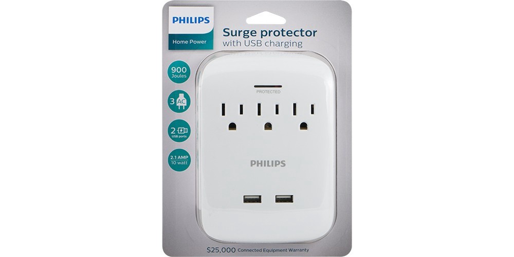 slide 2 of 5, Philips 3-Outlet 2 USB Port Surge Protector Wall Tap, White, 1 ct