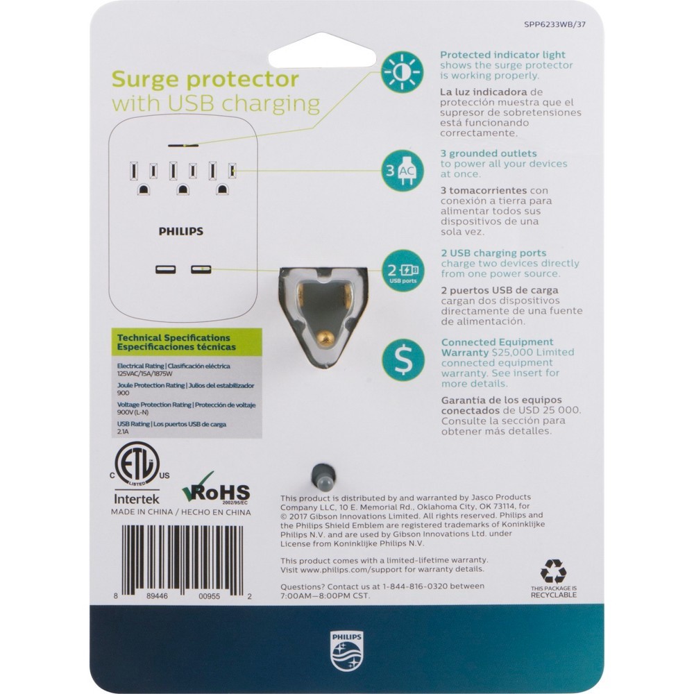 slide 3 of 5, Philips 3-Outlet 2 USB Port Surge Protector Wall Tap, White, 1 ct