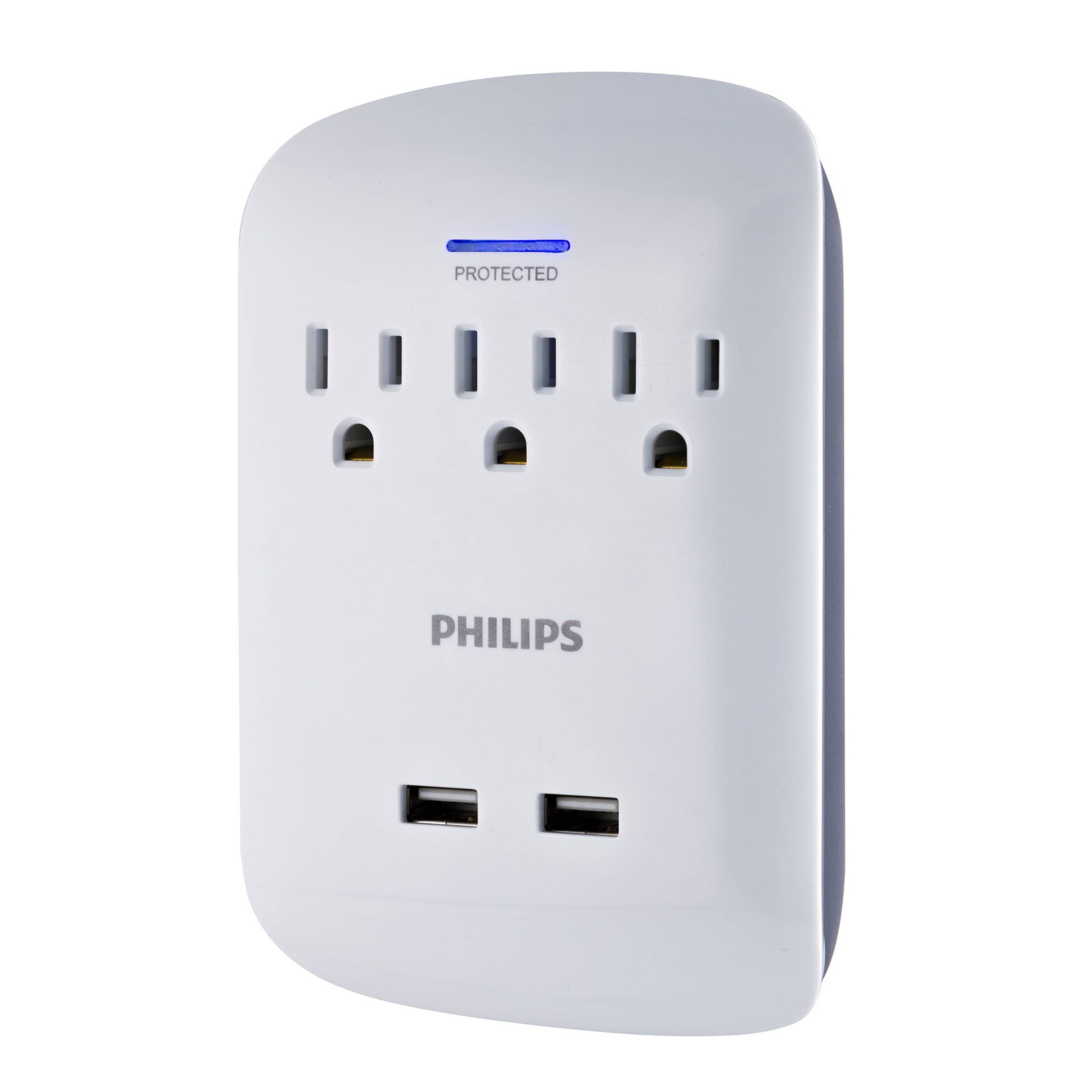 slide 1 of 5, Philips 3-Outlet 2 USB Port Surge Protector Wall Tap, White, 1 ct