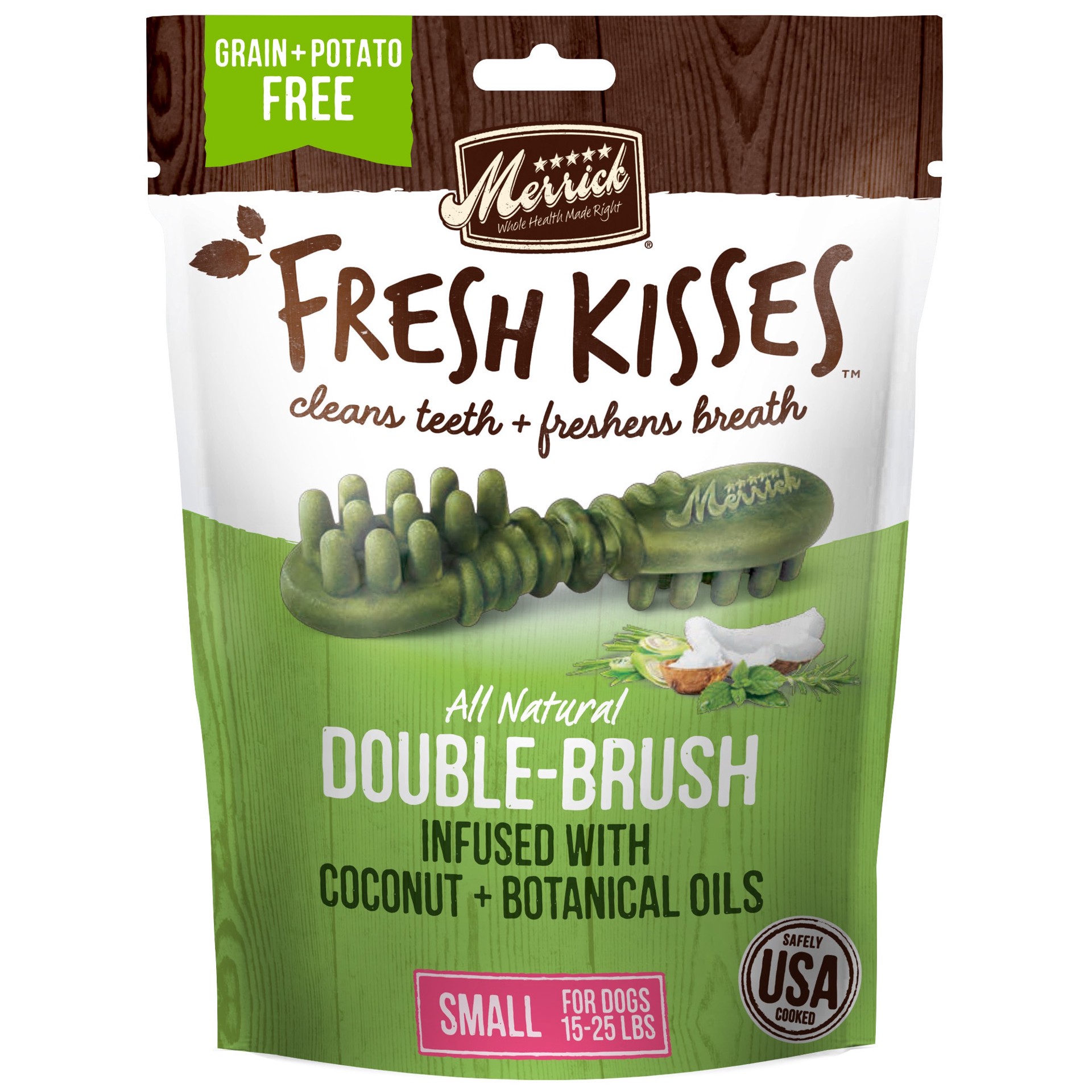 slide 1 of 2, Merrick Fresh Kisses Coconut + Botanical Oils Dental Dog Treats For Small Breeds - 5.5 oz Bag with 9 Brushes, 5.5 oz