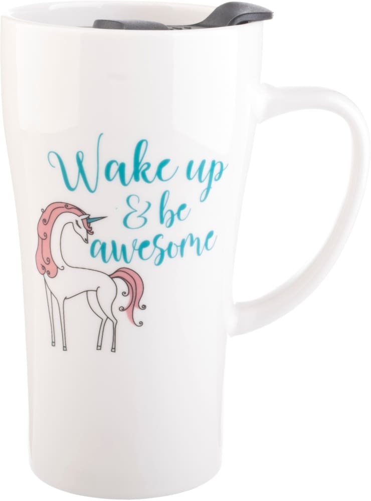 slide 1 of 1, Pacific Market International Wake Up & Be Awesome Latte Mug And Lid, 16 oz
