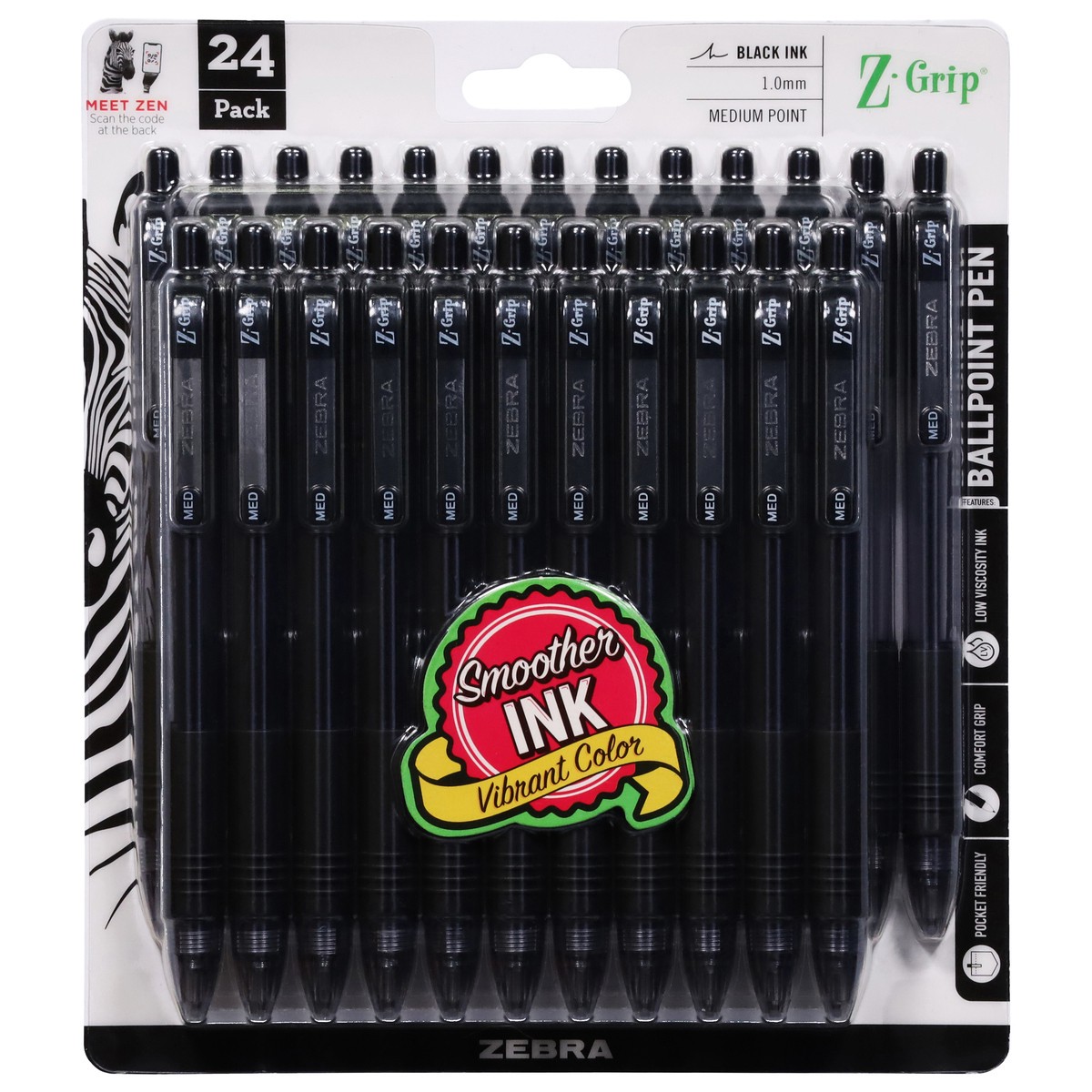 slide 1 of 10, Zebra Z Grip 24 Pack Med Point Advanced Black Ink Pens 24 ea, 24 ct