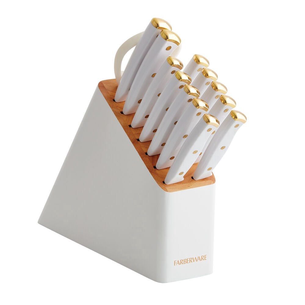slide 1 of 1, Farberware® Slim Cutlery Set White with Gold Trim and Endcaps, 14 ct