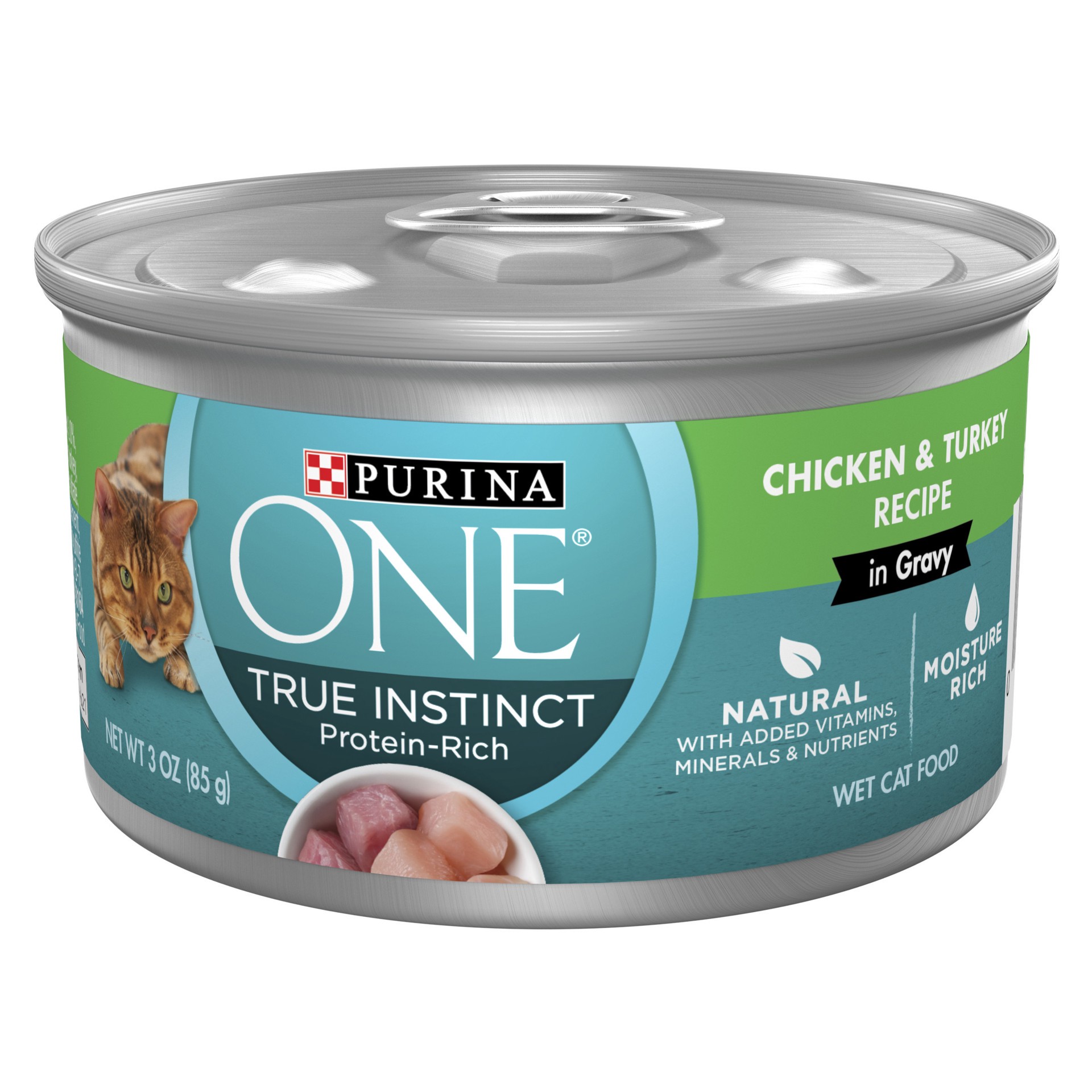 slide 1 of 7, ONE Purina ONE Natural High Protein Cat Food, True Instinct Chicken and Turkey Recipe in Gravy, 3 oz