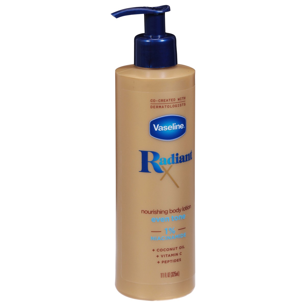 slide 9 of 9, Vaseline Radiant X Even Tone Nourishing Body Lotion    With 1% Niacinamide, Coconut Oil,  Vitamin C, & Peptides, 11 FL OZ, 11 fl oz