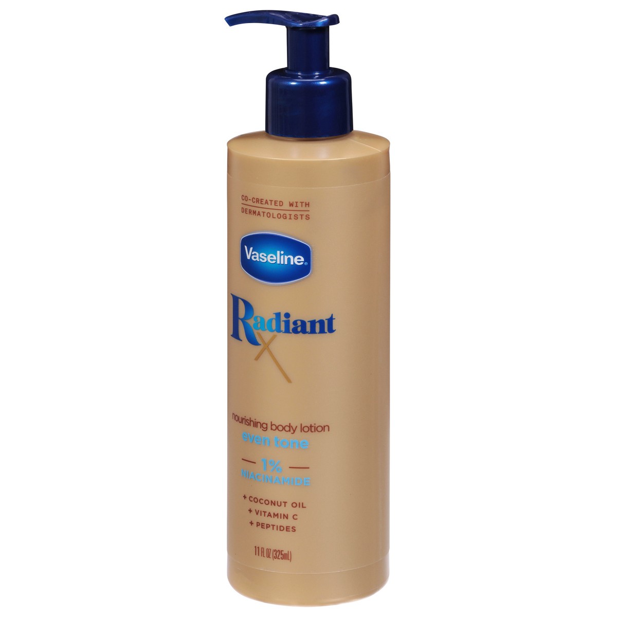 slide 5 of 9, Vaseline Radiant X Even Tone Nourishing Body Lotion    With 1% Niacinamide, Coconut Oil,  Vitamin C, & Peptides, 11 FL OZ, 11 fl oz