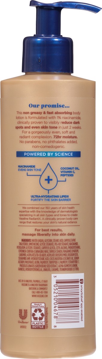 slide 6 of 9, Vaseline Radiant X Even Tone Nourishing Body Lotion    With 1% Niacinamide, Coconut Oil,  Vitamin C, & Peptides, 11 FL OZ, 11 fl oz