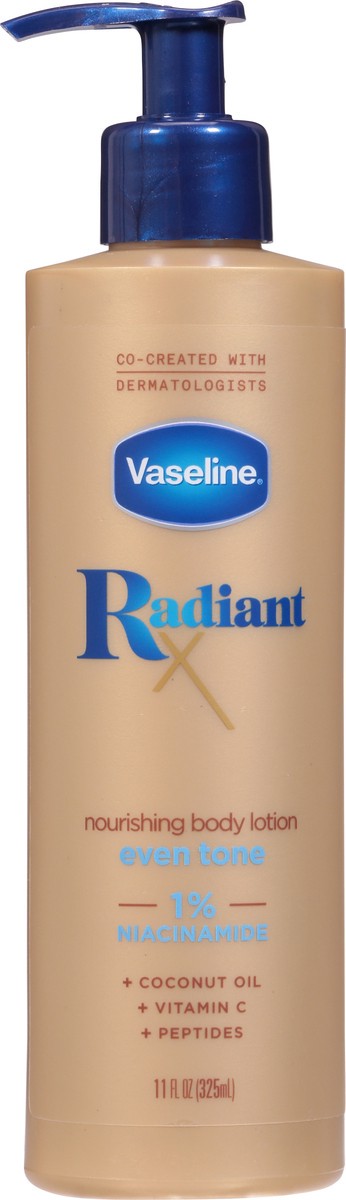 slide 4 of 9, Vaseline Radiant X Even Tone Nourishing Body Lotion    With 1% Niacinamide, Coconut Oil,  Vitamin C, & Peptides, 11 FL OZ, 11 fl oz