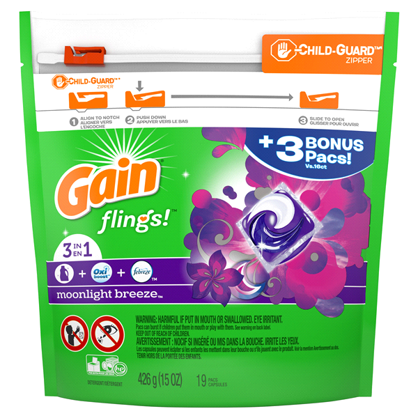 slide 1 of 1, Gain flings! Liquid Laundry Detergent Pacs, Moonlight Breeze, 19 ct