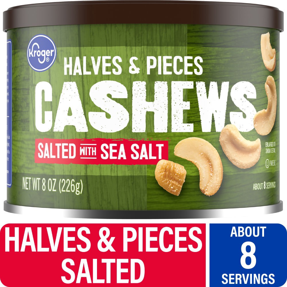 slide 1 of 1, Kroger Salted With Sea Salt Halves & Pieces Cashew Nuts, 8 oz