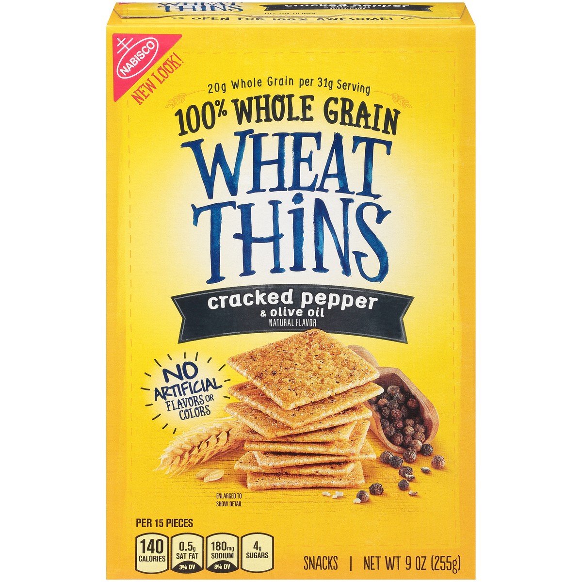 slide 1 of 14, Wheat Thins Cracked Pepper & Olive Oil Whole Grain Wheat Crackers, 9 oz, 0.56 lb