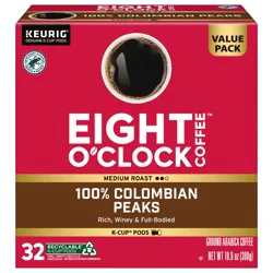 Eight O'Clock Coffee Colombian Peaks Medium Roast, 32 Count 0.33 oz K-Cup Pods