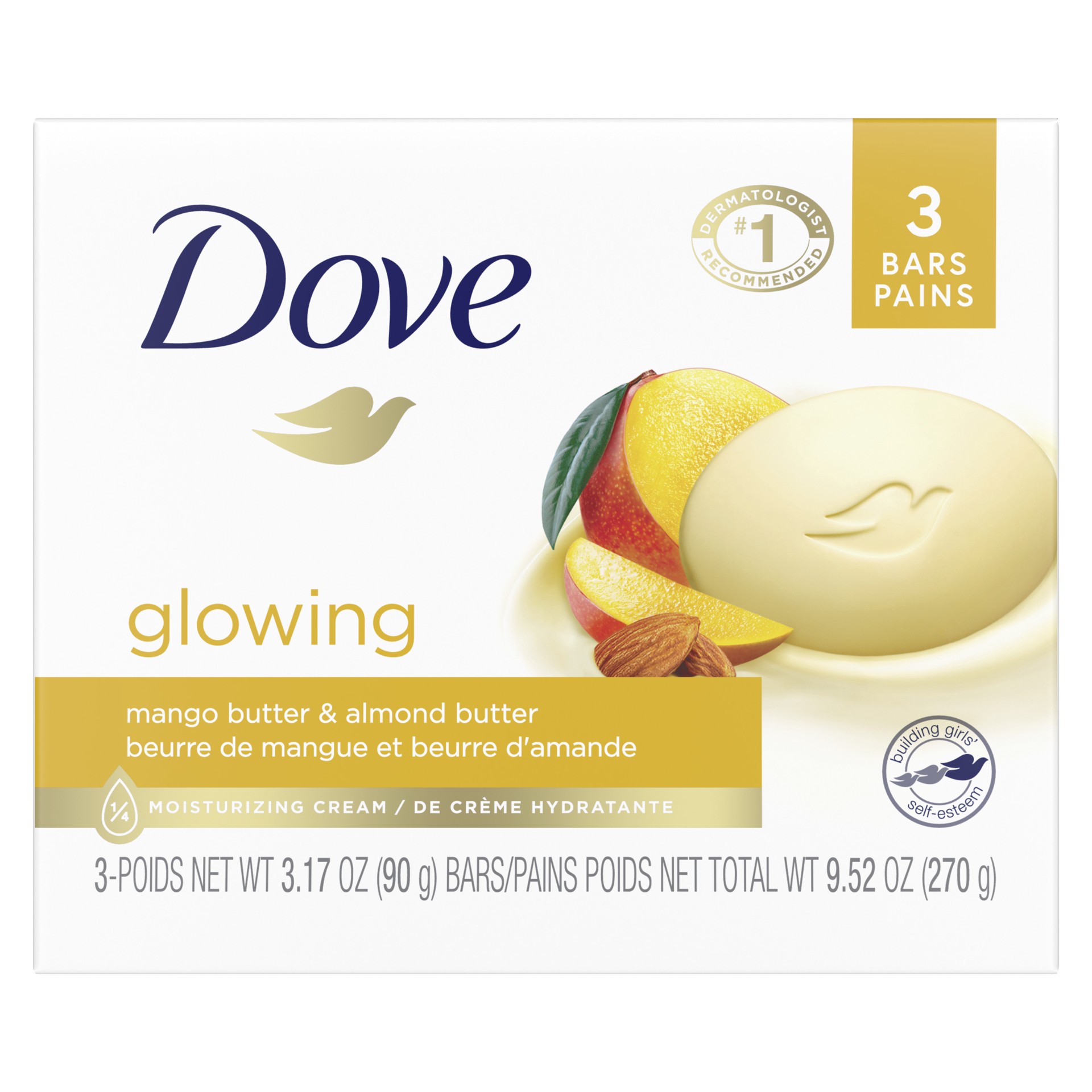 slide 1 of 9, Dove Beauty Bar Gentle Skin Cleanser Glowing Mango Butter and Almond Butter, 3.17 oz, 3 Bars, 3 ct