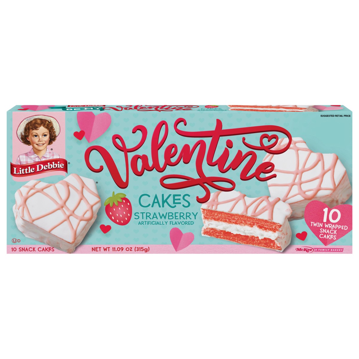 slide 1 of 7, Little Debbie Snack Cakes, Little Debbie Family Pack Valentine Cakes (strawberry), 11.09 oz