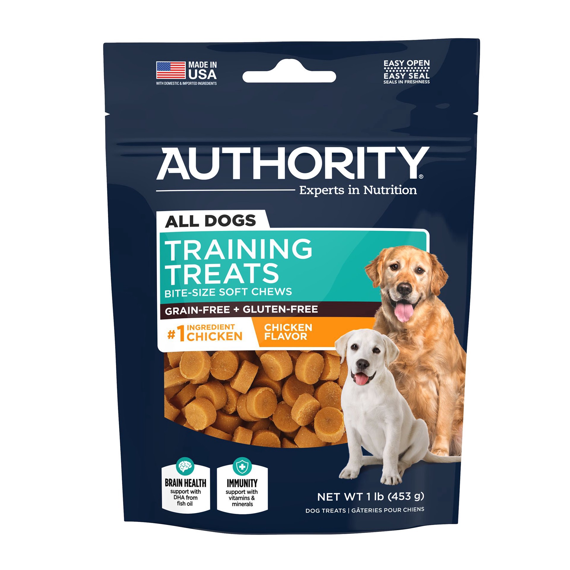 slide 1 of 1, Authority All Life Stage Dog Training Treat - Multivitamin & DHA Support, Chicken, 1 lb