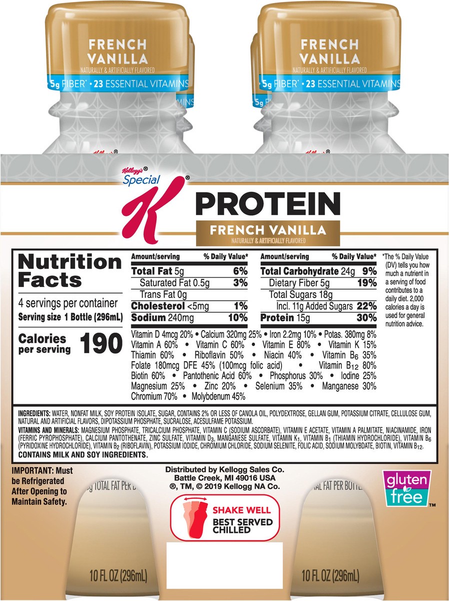 slide 7 of 7, Special K Kellogg's Special K Protein Shakes, Meal Replacement, High Protein, Gluten-Free Snacks, French Vanilla, 40oz Pack, 4 Bottles, 43.88 oz