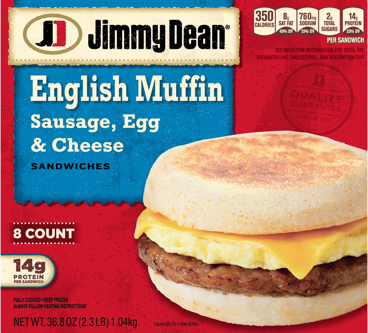 slide 4 of 8, Jimmy Dean English Muffin Breakfast Sandwiches with Sausage, Egg, and Cheese, Frozen, 8 Count, 1.04 kg