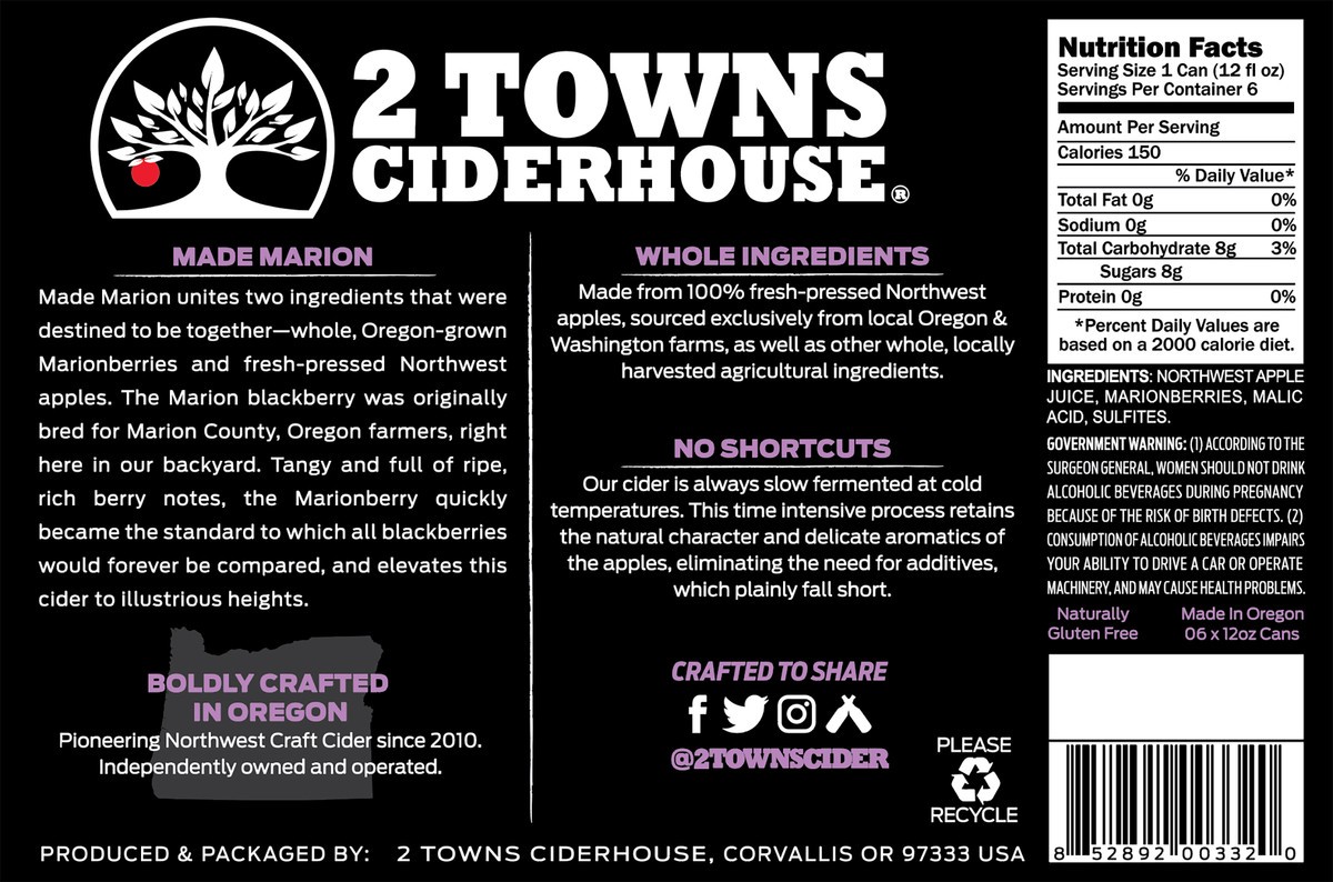 slide 5 of 9, 2 Towns Ciderhouse Made Marion Blackberry Hard Cider 6 - 12 oz Cans, 6 ct