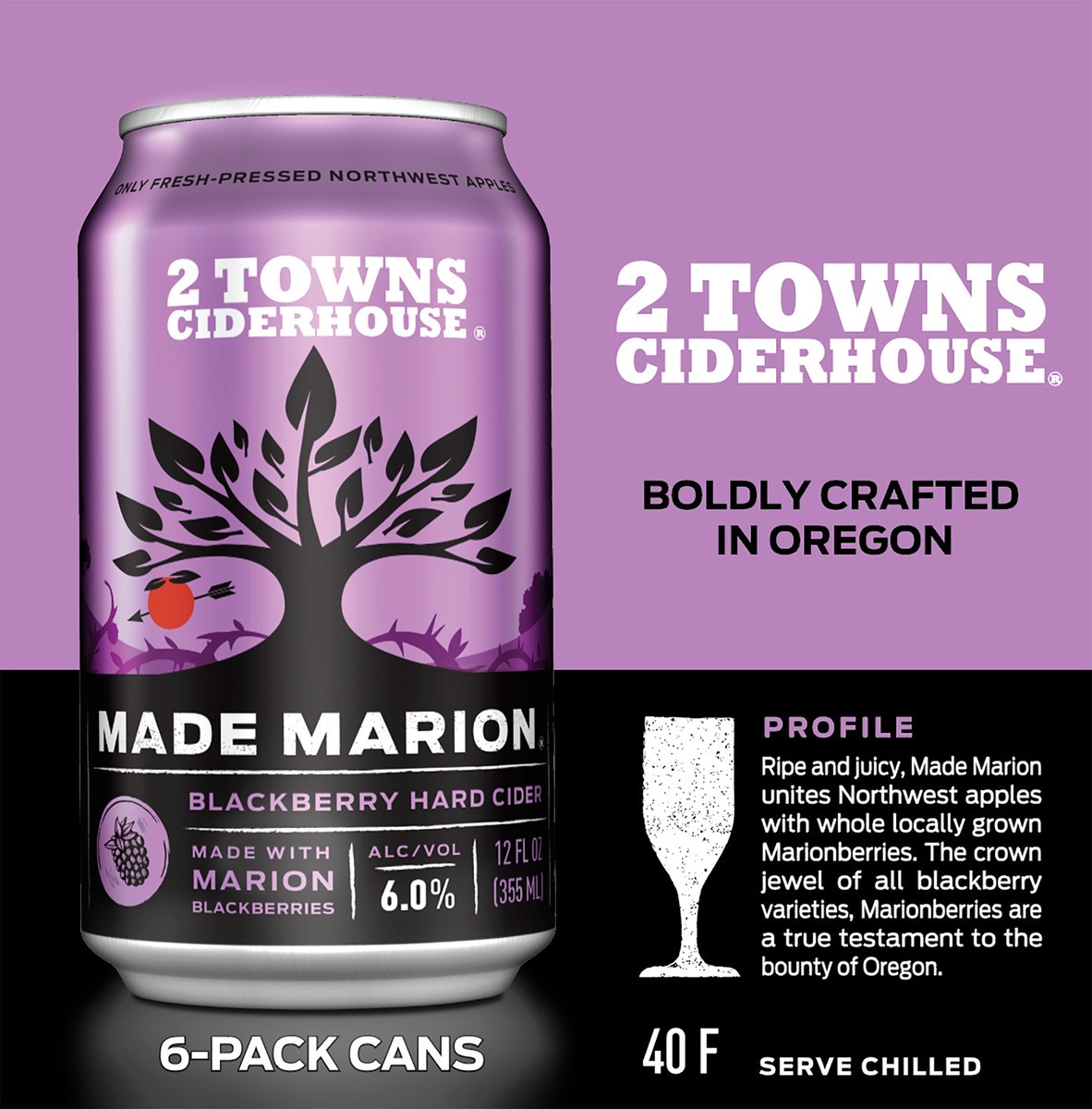 slide 4 of 9, 2 Towns Ciderhouse Made Marion Blackberry Hard Cider 6 - 12 oz Cans, 6 ct