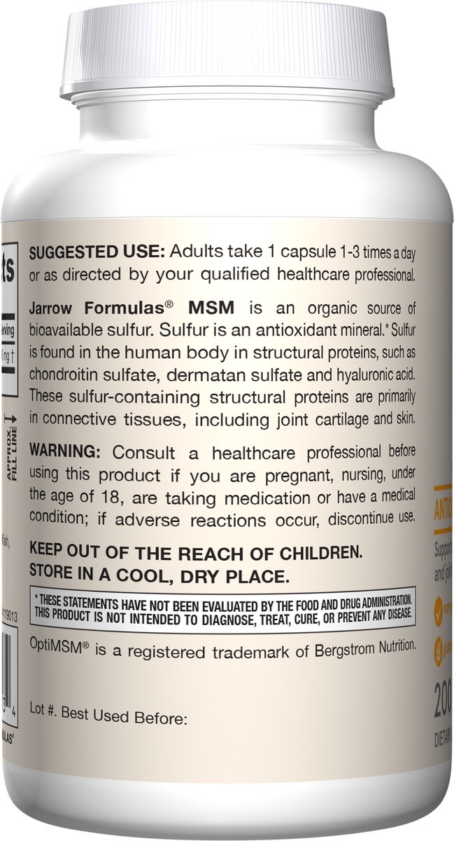 slide 4 of 4, Jarrow Formulas MSM 1000 mg - 200 Veggie Capsules - Methylsulfonylmethane - Source of Sulfur - Dietary Supplement Supports & Strengthens Joints - Up to 200 Servings, 200 ct