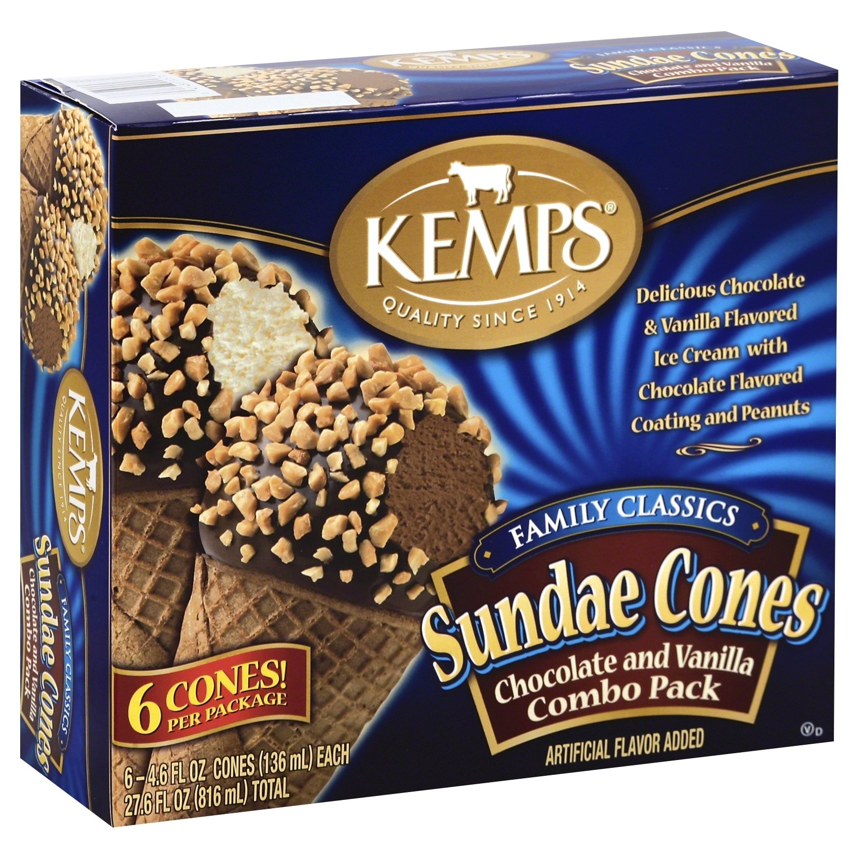 slide 1 of 8, Kemps Sundae Cones, Chocolate & Vanilla Combo Pack, 6 ct; 4.6 fl oz