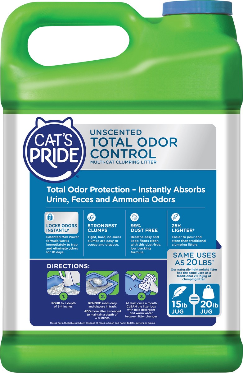 slide 3 of 5, Cat's Pride Unscented Total Odor Control Multi-Cat Clumping Litter, 15 lb