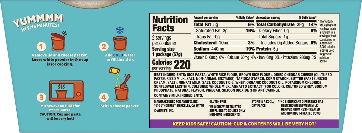 slide 7 of 9, Annie's Real Aged Cheddar Microwave Mac & Cheese with Gluten Free Pasta, 2 Ct, 2.01 OZ Cups, 2 ct