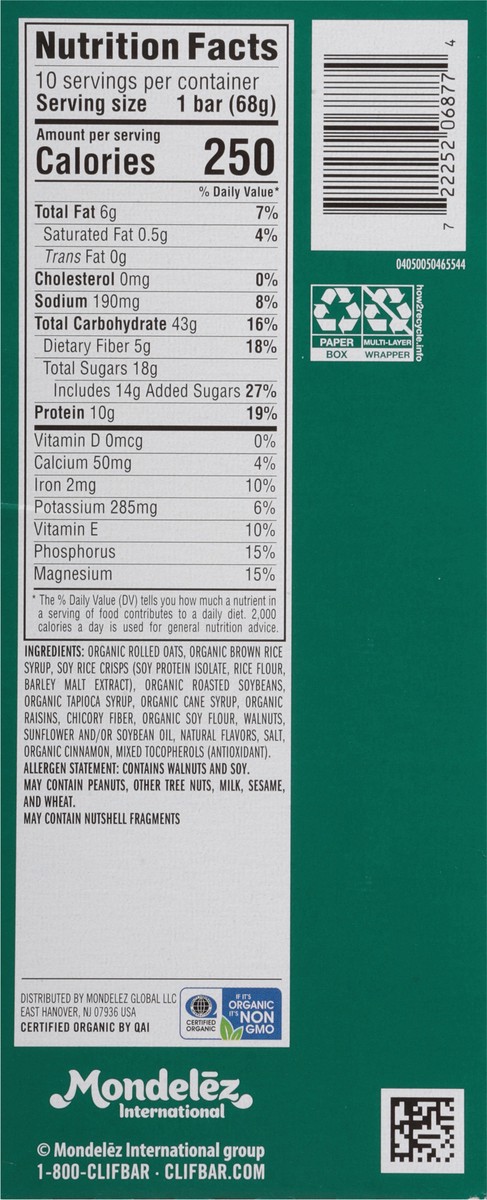 slide 8 of 12, CLIF BAR - Oatmeal Raisin Walnut - Made with Organic Oats - 10g Protein - Non-GMO - Plant Based - Energy Bars - 2.4 oz. (10 Pack), 24 oz