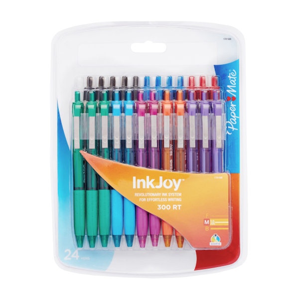 slide 1 of 4, Paper Mate Inkjoy 300 Rt Retractable Pens, Medium Point, 1.0 Mm, Clear Barrels, Assorted Ink Colors, Pack Of 24, 24 ct