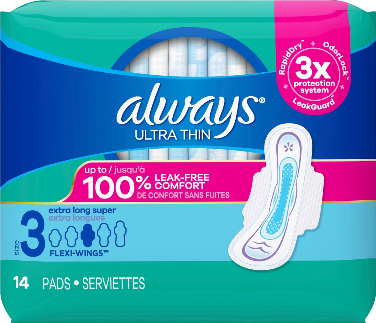 slide 5 of 5, Always Ultra Thin Pads Size 3 Extra Super Long Absorbency Unscented with Wings, 14 Count, Size 3