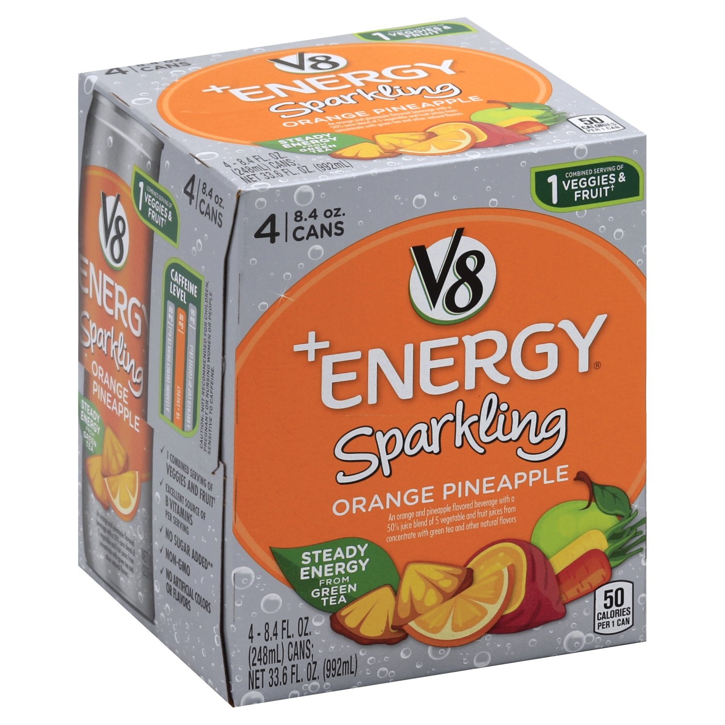 slide 1 of 1, V8 +Energy Sparkling Orange Pineapple Juice, 4 ct; 8.4 fl oz