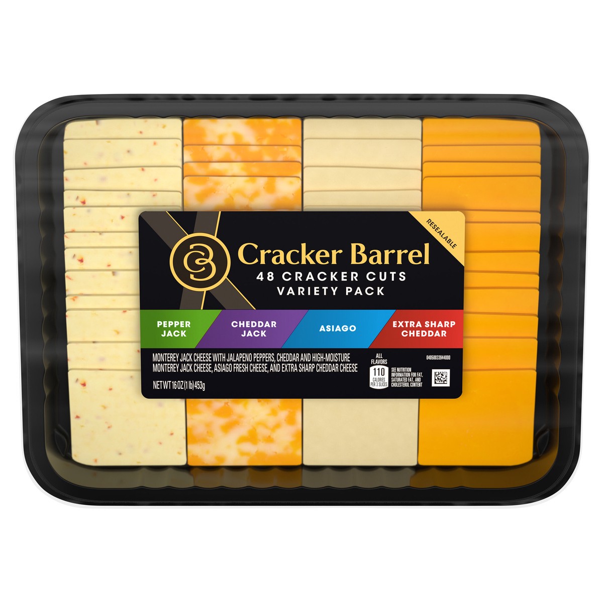 slide 1 of 13, Cracker Barrel Cracker Cuts Pepper Jack, Cheddar Jack, Asiago & Extra Sharp Cheddar Cheese Slice Variety Pack, 48 ct Tray, 48 ct