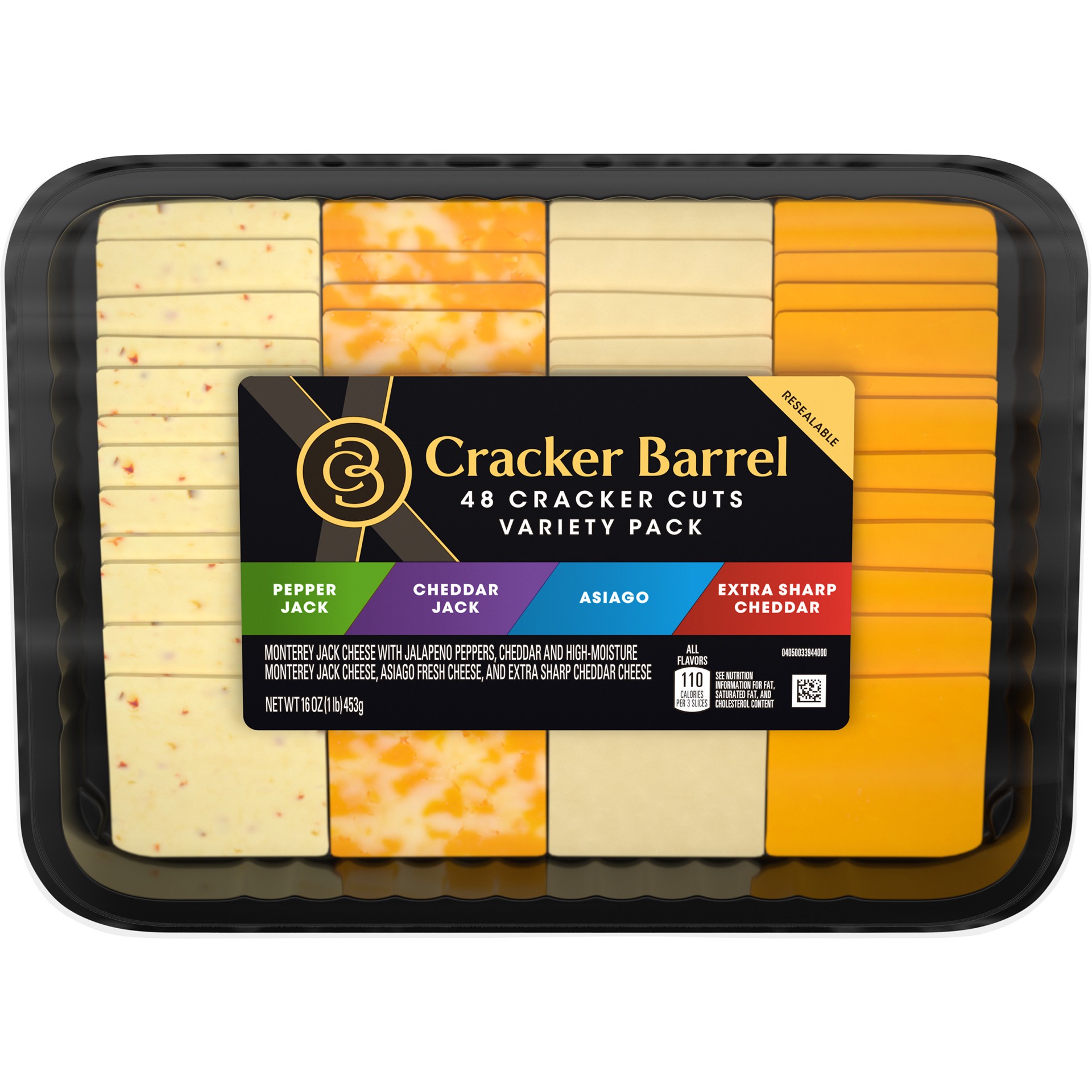 slide 1 of 13, Cracker Barrel Cracker Cuts Pepper Jack, Cheddar Jack, Asiago & Extra Sharp Cheddar Cheese Slice Variety Pack, 48 ct Tray, 48 ct