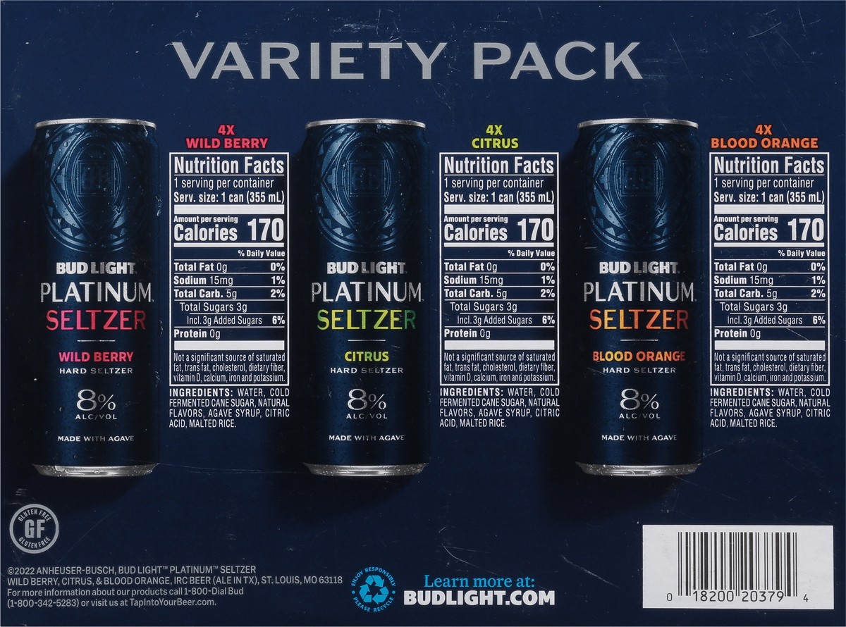 slide 9 of 9, Bud Light Platinum Seltzer Variety Pack, Hard Seltzer, Gluten Free, 12 Pack, 12 FL OZ Slim Cans, 8% ABV, 12 ct; 12 fl oz