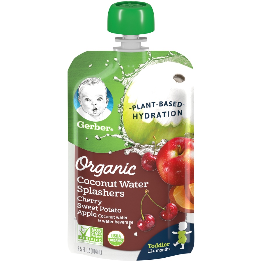 slide 1 of 8, Gerber Organic Coconut Water Splashers, Cherry Sweet Potato Apple, 3.5 fl oz